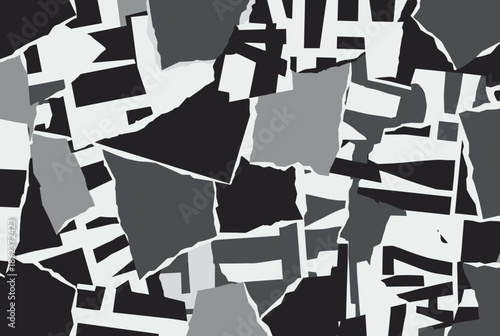 Abstract seamless pattern of torn paper pieces in black, white, and grey creating a chaotic modern collage background with a textured, handmade feel