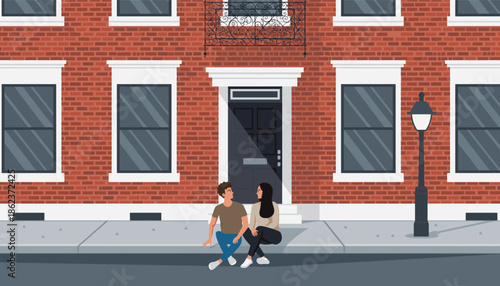 Diverse young couple sitting on a sidewalk talking together in front of a classic red brick townhouse facade with large windows and a lamppost in a city street scene