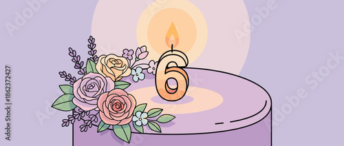 Purple birthday cake with a lit number six candle and a bouquet of pastel roses is illustrated in a gentle line art style on a lilac background