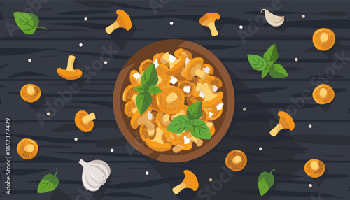 Brown bowl of fresh chanterelle mushrooms with basil and garlic on a dark wooden table, a top view flat lay vector illustration of a rustic culinary scene with fresh ingredients