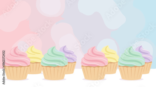 Group of colorful pastel frosted cupcakes arranged in a row at the bottom of a whimsical, abstract background with ample copy space for text or design elements