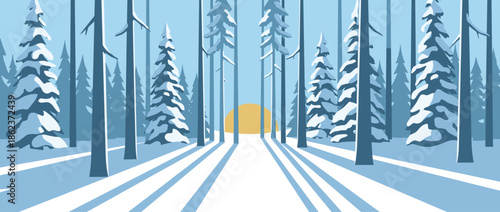 Winter forest landscape with snow-covered pine trees and a path leading to the low sun, casting long blue shadows in a minimalist flat vector illustration