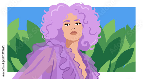 Beautiful illustrated woman with voluminous curly purple hair and a confident expression wears a sheer lilac robe against a background of lush green tropical leaves and blue sky