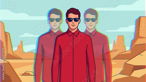 Three identical men in red shirts and sunglasses stand in a desert landscape in a stylized vector illustration with a chromatic aberration effect