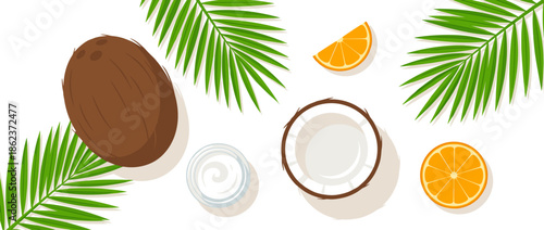 Tropical fruit composition with whole and halved coconuts, fresh orange slices, and green palm leaves arranged in a flat lay style on a white background, top view illustration