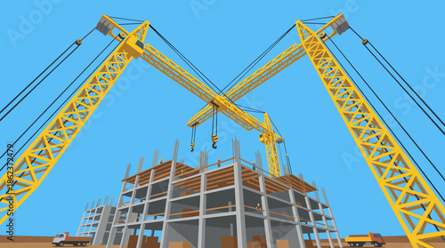 Two large yellow tower cranes working above a concrete frame building under construction, a low-angle vector illustration of urban development and industrial progress