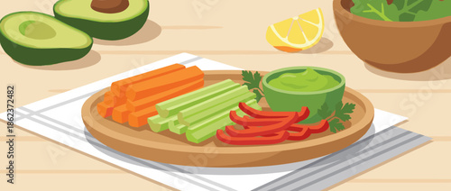 Wooden platter of fresh vegetable sticks and green dip is a healthy appetizer with carrot, celery, and pepper, shown in a clean vector illustration style