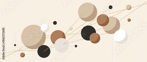 Abstract geometric composition with interconnected circles and thin lines in a neutral earthy color palette, creating a modern minimalist network concept on a light beige background