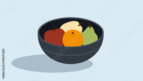 Minimalist dark bowl filled with assorted fruits like an apple, pear, and orange in a flat vector style illustration on a light blue background with a simple shadow