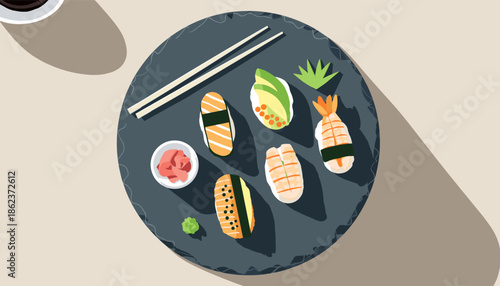 Colorful illustrated set of various nigiri sushi served on a dark slate plate with chopsticks, wasabi, and ginger in a modern flat lay vector graphic style