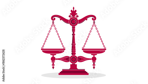 Ornate red scales of justice illustration with balanced pans and decorative details, symbolizing law and fairness, isolated on a clean white background with a subtle shadow