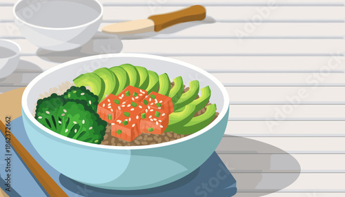 Delicious illustrated poke bowl with salmon, sliced avocado, broccoli, and rice, sprinkled with sesame seeds and served on a white wooden table