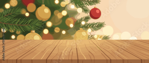 Empty brown wooden table in the foreground with a beautifully decorated Christmas tree with glowing lights and ornaments in the soft-focus background