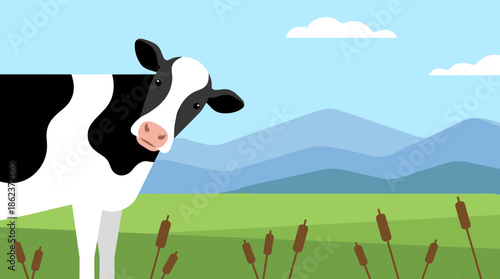 Friendly black and white dairy cow illustration peeking into the frame against a scenic summer landscape with a green meadow, reeds, and mountains