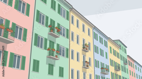 Colorful pastel apartment buildings with green shutters and balconies with flower pots are lined up in a row, shown from a low angle perspective in a flat graphic style