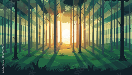 Dense forest landscape illustration with tall trees and dramatic sunbeams filtering through the canopy at sunrise, creating long shadows on the green grassy ground in a flat vector style
