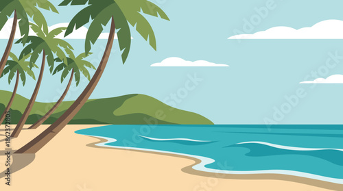 Tropical beach landscape illustration with green palm trees on a sandy shore next to a calm blue ocean and a distant hill under a clear sky with clouds