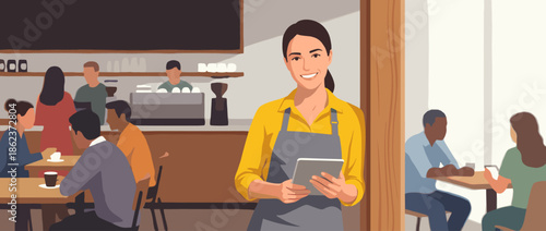 Smiling female coffee shop owner in a grey apron holds a tablet, looking at the camera in a bustling modern cafe with customers in the background