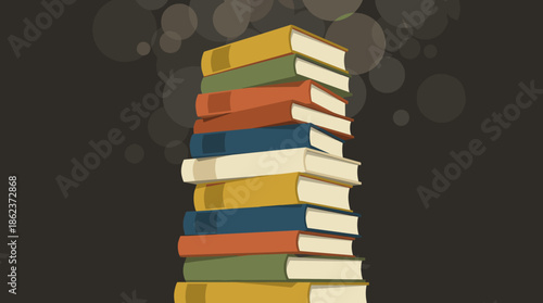 Tall stack of colorful hardcover books stands against a dark background with a subtle bokeh effect, representing knowledge, education, and learning in a flat illustration style