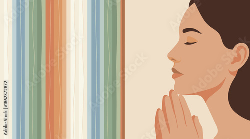Serene young woman's face in profile with her eyes closed and hands clasped in prayer or meditation against a colorful striped background in a flat vector illustration style