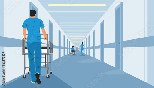 Male medical worker in blue scrubs pushing a cart down a long hospital corridor with a patient in a wheelchair in the distance, a vector illustration with a rear view perspective
