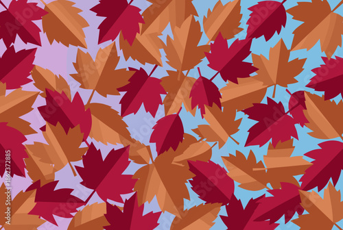 Autumnal red and orange maple leaves pattern creating a dense, layered background with a flat graphic design style on a cool blue and purple backdrop for a seasonal concept