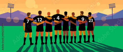 Diverse sports team of male players in black uniforms standing together with arms linked, seen from behind on a green stadium pitch at sunset