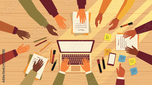 Diverse group of hands working together around a laptop on a wooden desk during a creative business meeting, top view flat lay vector illustration