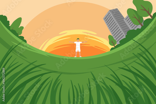 Man in white sportswear standing with arms outstretched on a green hill enjoying the sunrise over a modern city in a flat vector illustration style