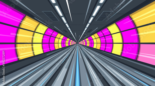Futuristic high-speed train tunnel with vibrant pink and yellow neon lights on the walls, creating a dynamic sense of motion and speed from a first-person perspective
