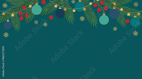 Christmas holiday border with fir tree branches, colorful baubles, golden stars, and snowflakes on a dark teal background with copy space, a festive vector illustration