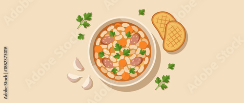 Hearty white bean soup with sausage and carrots in a white bowl, served with grilled bread and fresh parsley, a top-down flat lay illustration on a beige background