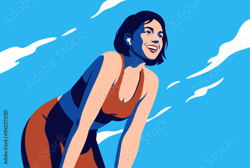 Happy athletic young woman in sportswear smiling while listening to music on wireless earbuds during an outdoor workout against a bright blue sky, vector illustration