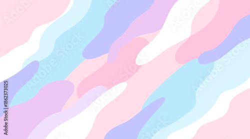 Soft pastel abstract pattern with overlapping organic shapes in gentle pink, blue, and lavender, creating a calm and minimalist background with a fluid, wavy motion