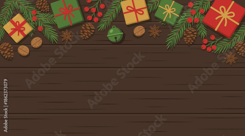Christmas holiday decorative border with gift boxes, pine branches, cones, and berries on a dark wooden background, top view illustration