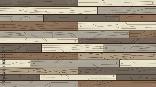 Cartoon wooden planks in various brown shades forming a seamless horizontal pattern, a flat vector illustration of a rustic wood floor texture with grain and nails