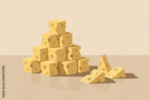 Pyramid of yellow cheese cubes with holes stacked neatly with several wedges on a reflective surface against a beige background in a flat graphic vector illustration style