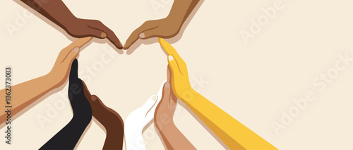 Diverse hands with different skin tones forming a heart shape together, symbolizing love, unity, and community on a beige background with ample copy space