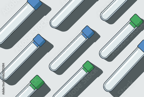 Illustrated empty laboratory test tubes with colorful caps arranged in a diagonal pattern with hard shadows in a clean, graphic, minimalist style on a light grey background