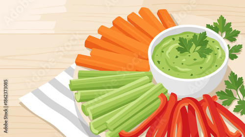 Colorful raw vegetable crudites with green dip, featuring carrot, celery, and bell pepper sticks on a platter, a healthy snack illustration on a wooden table background