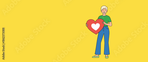 Happy illustrated character with short blonde hair holding a large red heart symbol with a smile, a full-length vector drawing on a bright yellow background with copy space