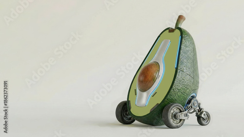 A novelty virtual home assistant robot in the shape of an avocado. Wheels for mobility, avocado seed speaker, built-in microphone. Artificial intelligence.