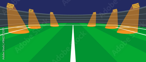 Wide green football field with white markings is illuminated by bright floodlights at night in an empty stadium, shown in a flat vector illustration style