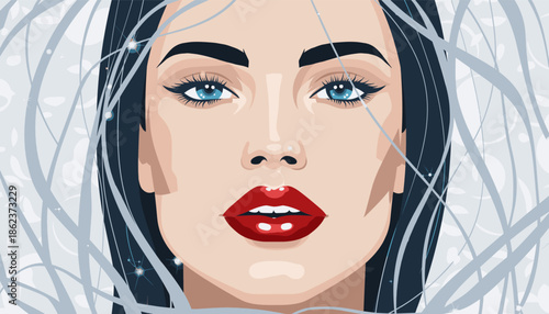 Beautiful woman's face with blue eyes and red lips in a modern vector art style, looking directly forward with a mysterious gaze against an abstract background with sparkles