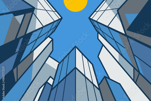 Modern skyscrapers with glass facades seen from a low-angle upward perspective against a clear blue sky with a bright yellow sun, a flat vector illustration concept