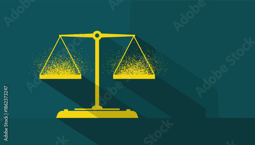 Yellow scales of justice flat design icon with a long shadow showing balanced pans filled with particles on a dark teal background
