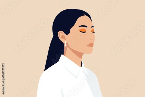 Elegant young woman with dark hair and closed eyes wearing a white shirt and pearl earrings in a minimalist vector illustration style on a beige background