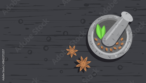 Stone mortar and pestle with fresh herbs, seeds, and star anise for grinding spices, viewed from above on a dark wooden table background with copy space for text
