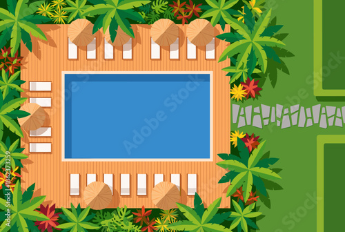 Luxury resort swimming pool with a wooden deck, sun loungers, and umbrellas, seen from an aerial top-down perspective in a flat vector illustration style
