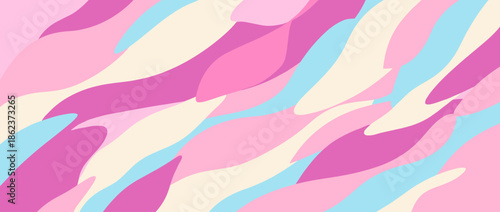 Vibrant abstract wavy pattern features flowing organic shapes in a cheerful pastel color palette of pink, blue, and cream, creating a soft and modern background design